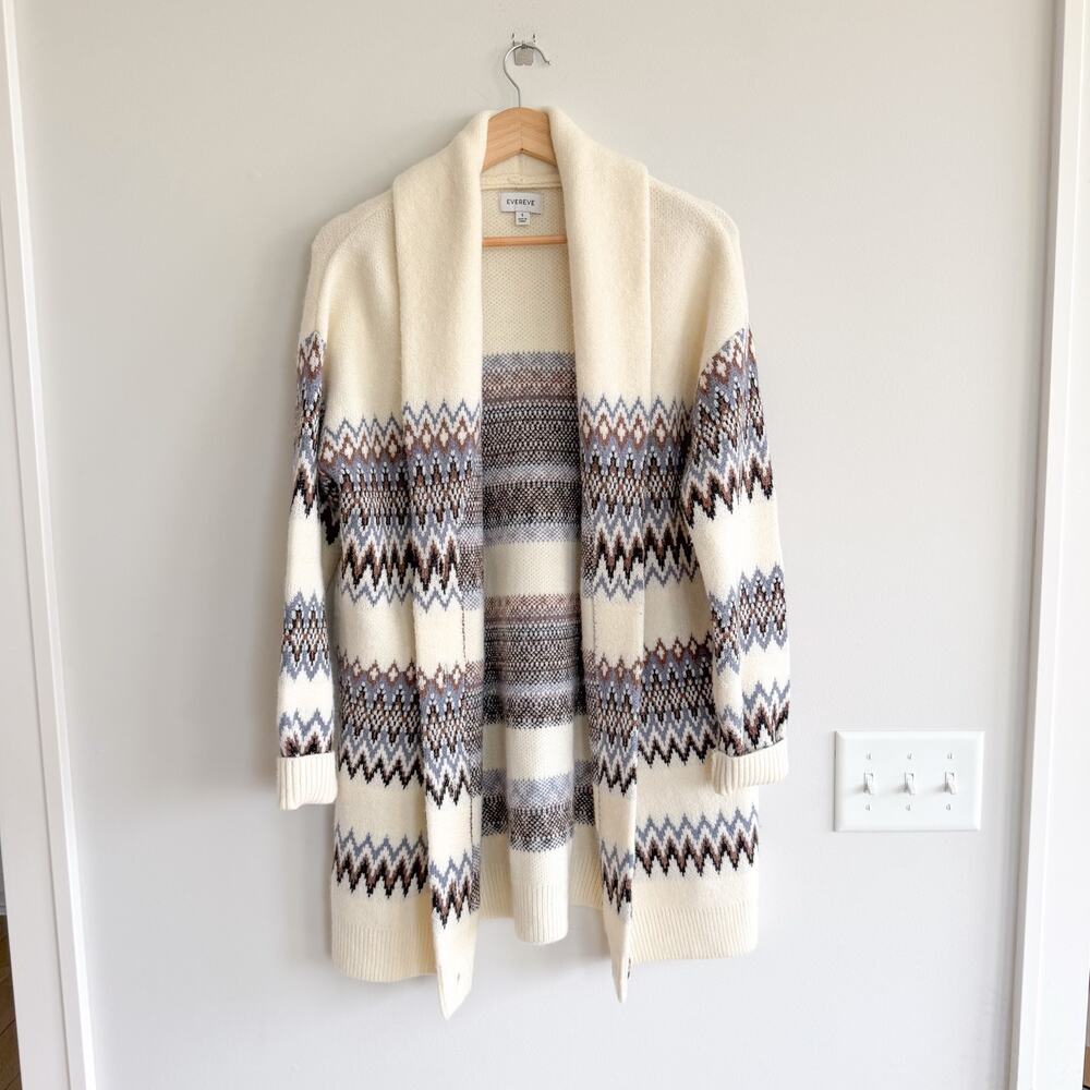 Evereve Fair Isle  Knit Open-Front Mid-Length Cardigan Cream Blue S